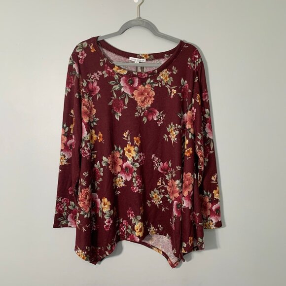 NEW Green Envelope red pink floral boho stretch long sleeve pullover shirt top - Picture 1 of 10